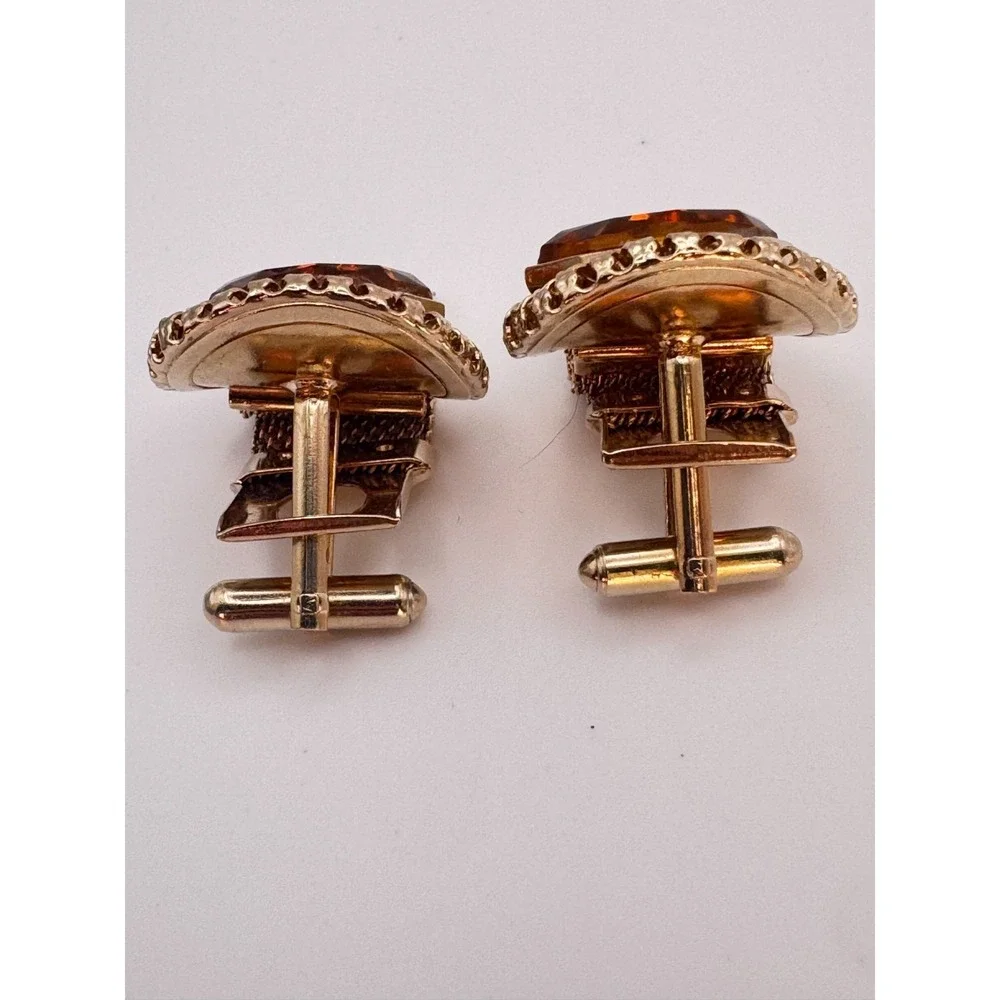 Vintage Mesh Cufflinks Orange and Green Faceted Shield MCM Gold Tone Wrap